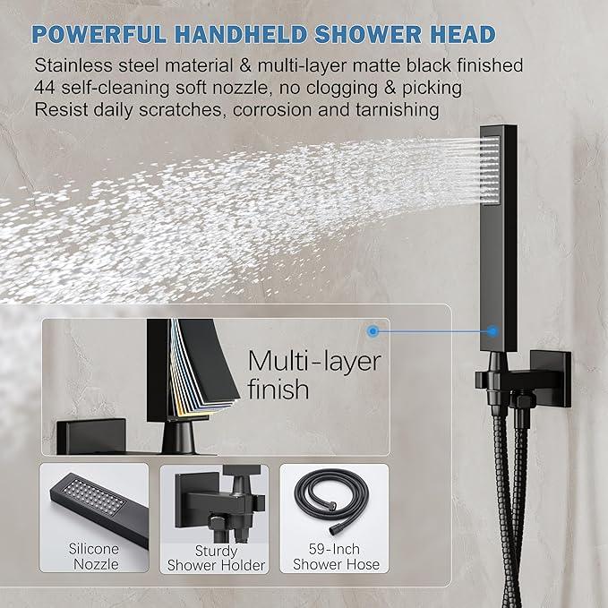 HoliSpa Black Shower System, Shower Faucet Set with 10-Inch Rain Showerhead and Handheld Spray, Wall Mounted High-Pressure Showerhead Combo Set Included Valve and Trim, Matte Black - ModernBath