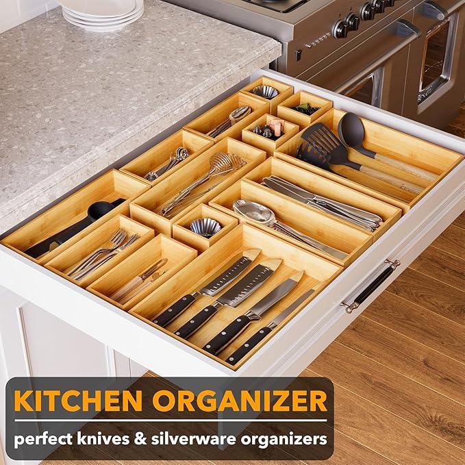 SpaceAid 21-Piece Bamboo Drawer Organizer Storage Boxes Set, Wood Tray Junk Drawer Organizers Multi-Use Divider Bins for Kitchen, Bathroom, Office Desk and Makeup Organization (21 Pack, Natural) - ModernBath