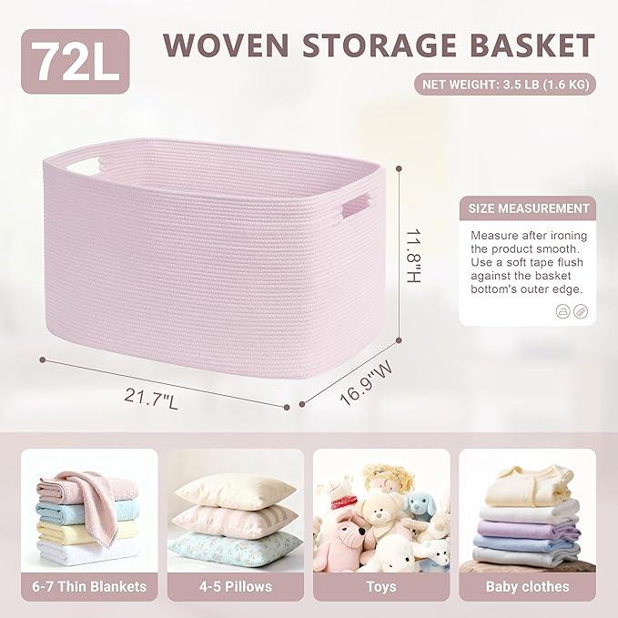 72L Large Baby Girls Laundry Basket for Nursery Storage,Cute Woven cotton Rope Baskets for Kids Toy，Gifts, Boho Square Wicker Blanket hamper for Living Room,Bedroom Dirty Clothes,Pink - ModernBath