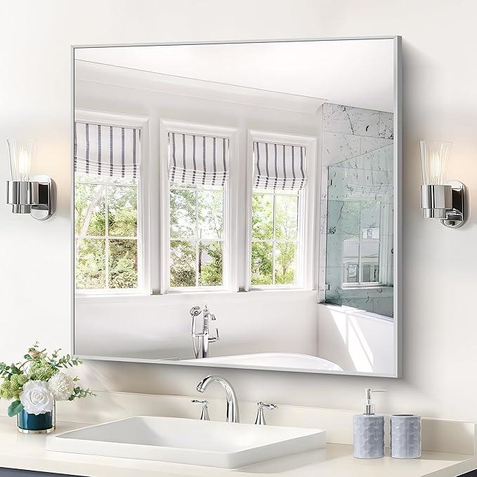 COFENY Silver Bathroom Mirror for Wall, 30x30 Inch Rectangle Mirrors with Metal Frame, Modern Vanity Wall Mirror Decor for Bathroom Living Room, Entryway Hangs Horizontal or Vertical - ModernBath