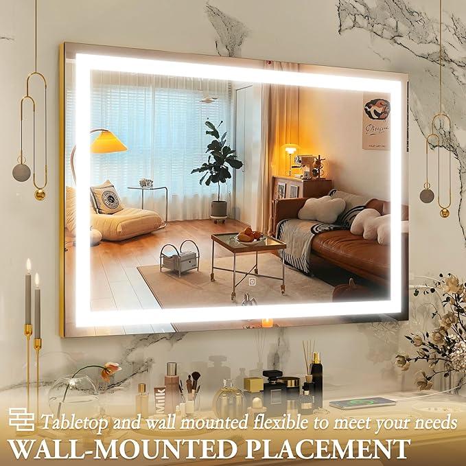 ROLOVE Vanity Mirror with Lights, 32" x 22" Large Lighted Vanity Mirror with Dimmable 3 Modes, LED Makeup Mirror, 10X Magnification, USB Charging Port, Tabletop or Wall-Mounted Square Gold - ModernBath