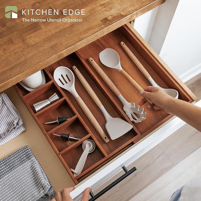 KitchenEdge Adjustable Kitchen Drawer Organizer for Utensils and Junk, Food-Safe Contract Grade with 100% Sustainable Wood, Non-Slip, Expandable from 10.5 to 18.5 Inches Wide - Natural Acacia - ModernBath