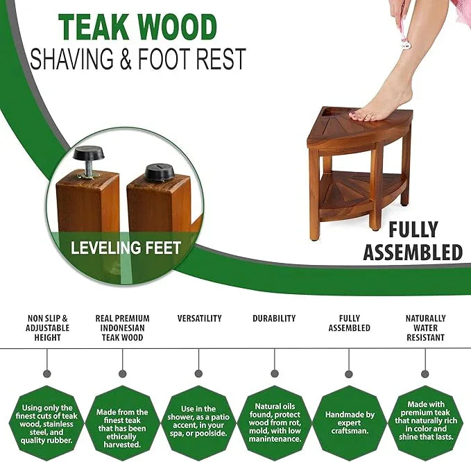 TeakCraft Corner Teak Shaving & Foot Rest with Shelf, 12" Fully Assembled, The Tilos - ModernBath