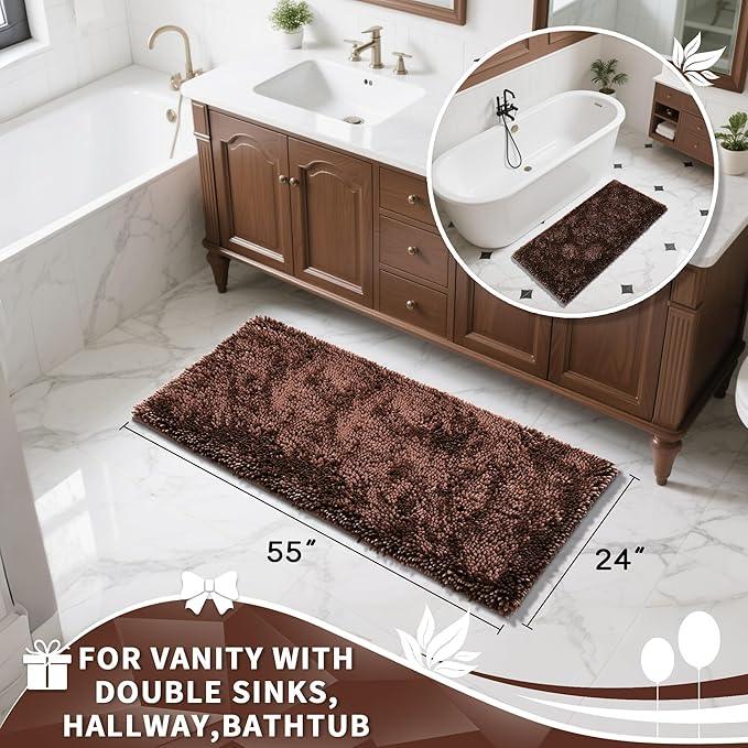 Yimobra Long Bathroom Rugs Runner 55x24 Inch, Extra Thick Soft Absorbent Chenille Bath Mat, Non Slip Machine Washable, Quick Dry Bath Rugs for Bathroom Floor, Tub and Shower, Brown - ModernBath
