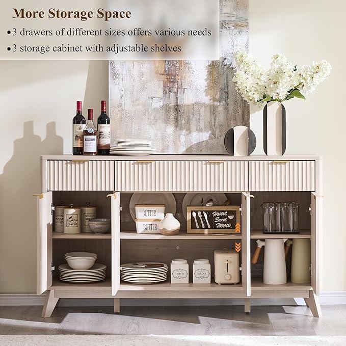 OKD Fluted Storage Cabinet with Drawers, 60" Morden Buffet Sideboard Coffee Bar Cabinet with 4 Doors and 3 Drawers for Dining Room, Living Room,Hallway (White Alder) - ModernBath