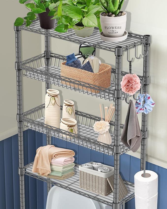 Over The Toilet Storage, 4-Tier Over Toilet Shelf Organizer Metal Storage Rack Freestanding Bathroom Space Saver with Adjustable Shelves and Baskets, Gray - ModernBath