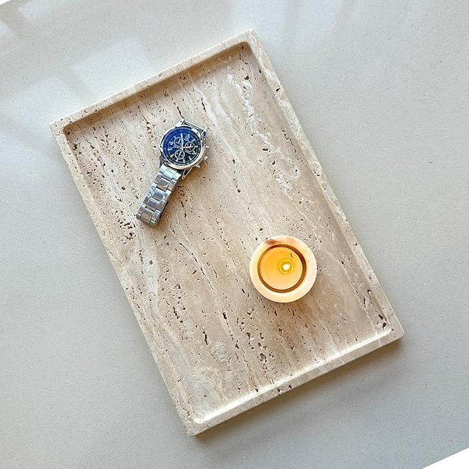 GHYFGD Real Natural Travertine Tray Genuine Marble Stone Tray for Coffee Table/Bathroom/Vanity (Beige Travertine, 12" x 8") - ModernBath
