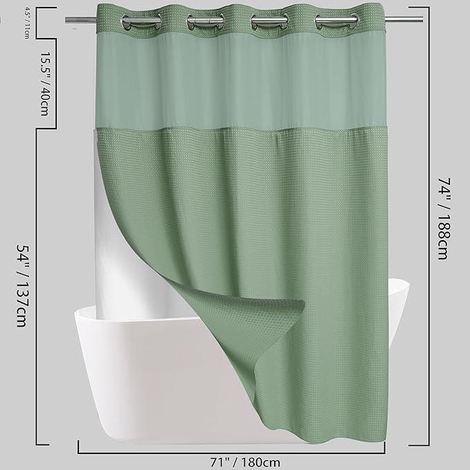 Conbo Mio No Hook Sage Green Waffle Weave Shower Curtain with Snap in Liner Set, Hotel Luxury Shower Curtains for Bathroom with See Through Top Window, Waterproof, Washable 71W x 74H - ModernBath