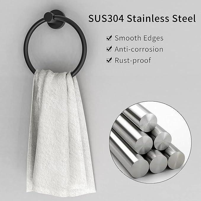 Matte Black Towel Ring, Hand Towel Holder for Bathroom Kitchen Modern Rounded Base Wall Mount SUS304 Stainless Steel - ModernBath