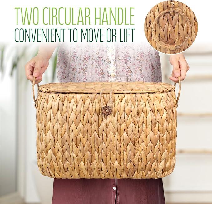 Toilet Paper Storage, Water Hyacinth Baskets with Lid, Toilet Paper Baskets for Storage Holder 6 Rolls, Papers Basket with Built-in Handles for Organizer, Bathroom Accessories Organizer - ModernBath