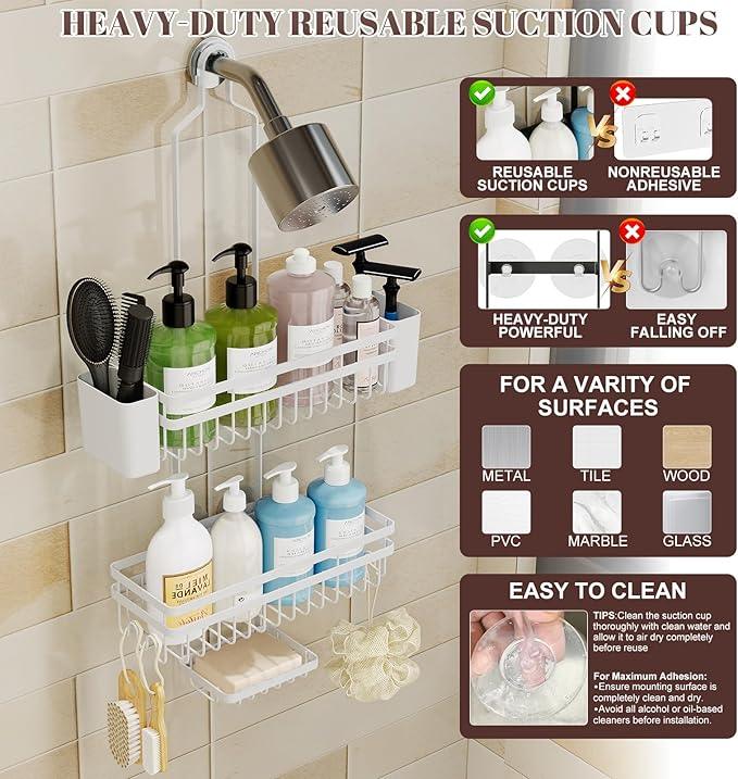 STAHLHEART Shower Caddy Hanging for Bathroom Organizers and Storage, 3 Tier Adjustable Anti-Swing Shower Organizer hanging with Heavy-Duty Suction Cups, Damage-Free Rustproof (White) - ModernBath