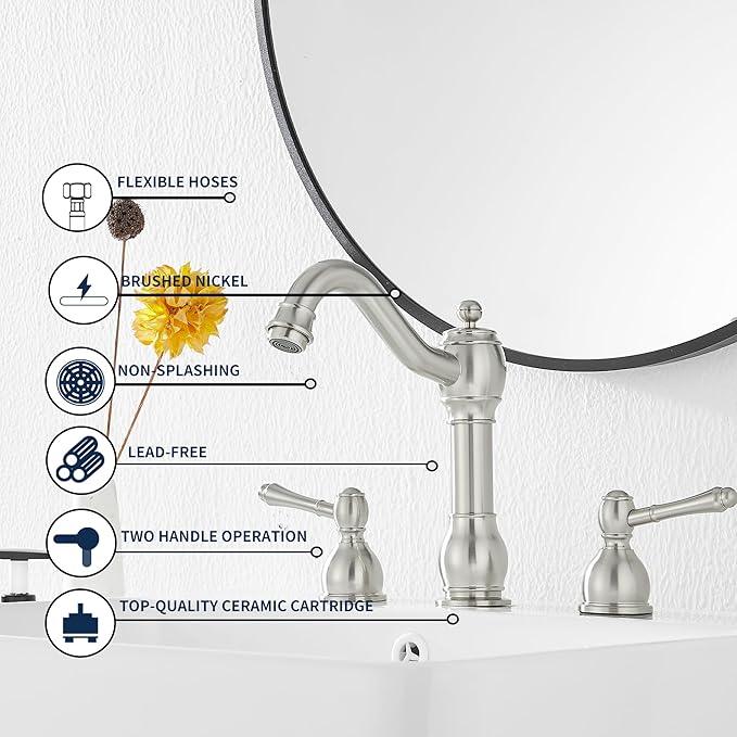 GGStudy 2 Handles 3 Holes Faucet Widespread Bathroom Sink Faucet Basin Tap Mixer Supply Hose Included Matching Pop Up Drain Brushed Nickel - ModernBath