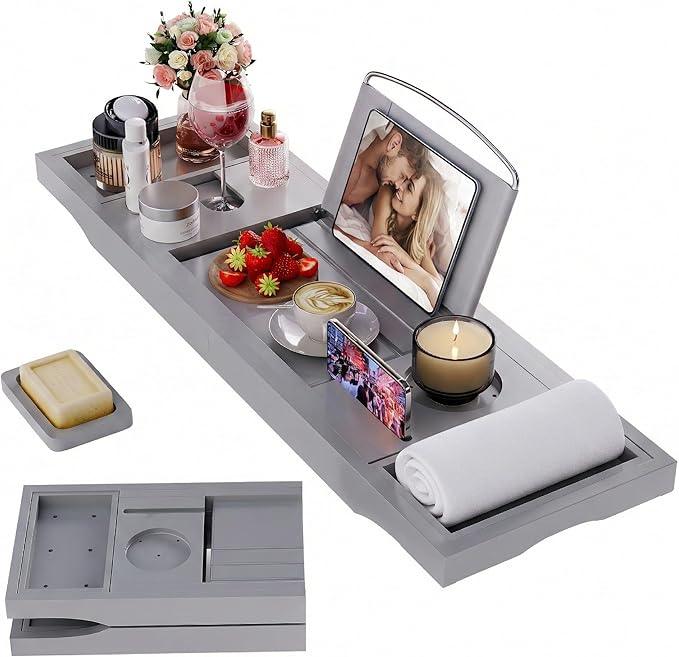 Foldable Bathtub Caddy Tray, Bamboo Bath Tub Tray Table for Tub with Wine Glass Holder Book Phone Tablet Holder with Extending Sides, Adjustable Bathroom Bathtub Free Soap Holder Gift Idea (Grey) - ModernBath