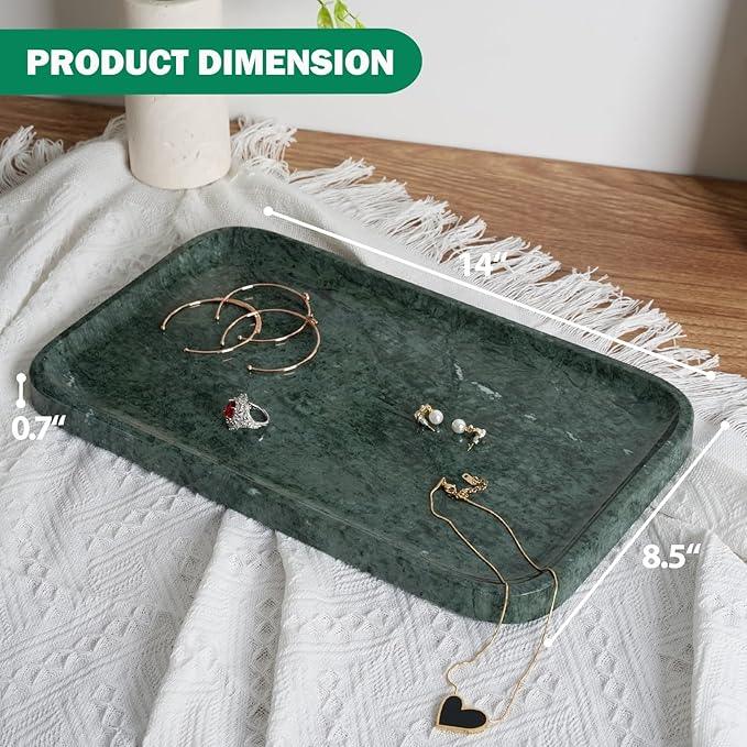 Karibiber Marble Vanity Tray, Bathroom Tray for Countertop, 14'' Green Decoration for Dresser Organizer, Large Serving for Kitchen, Marble Storage for Coffee Table, Perfume, Jewelry Holder - ModernBath