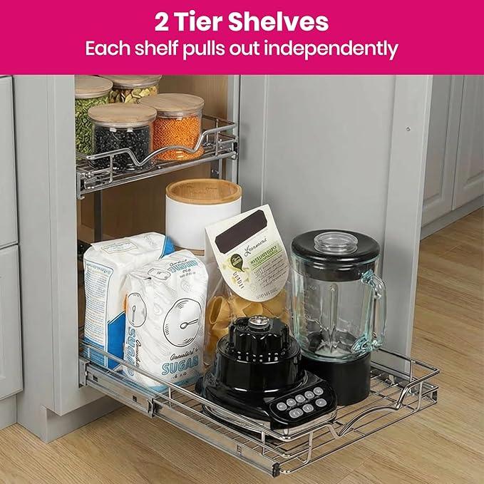 HOLDN’ STORAGE Two Tier Pull Out Cabinet Organizer, Individual Sliding Drawers - Heavy Duty Metal with Lifetime Limited Warranty - Anti Rust Chrome Finish - 22" W x 21”D x 16.5" H - ModernBath
