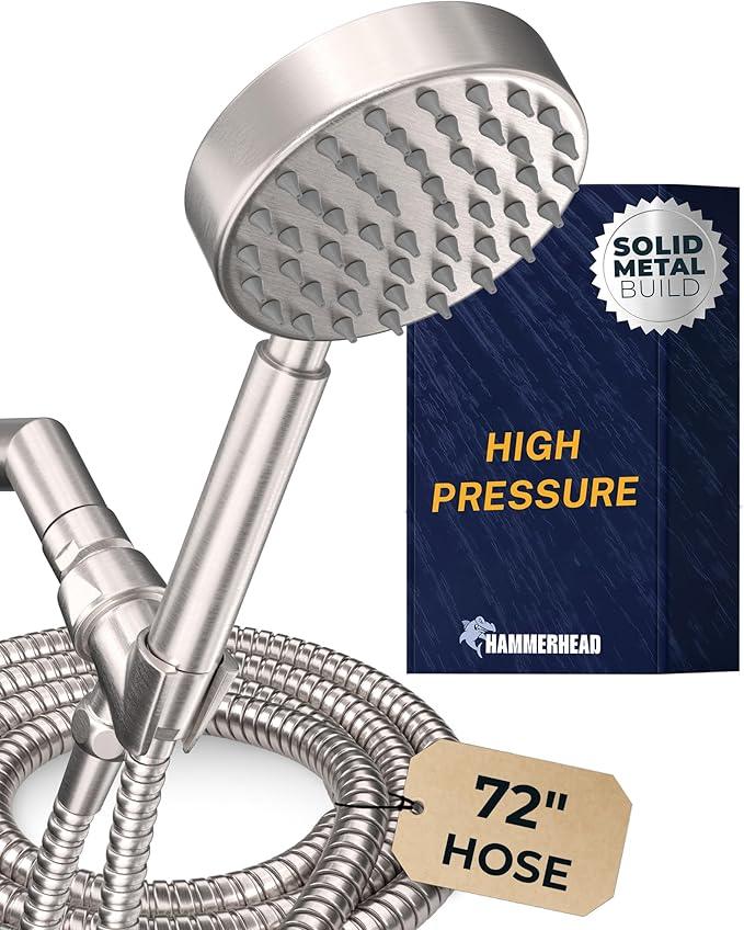 HammerHead Showers® Solid Metal Handheld Shower Head with Hose and Brass Holder - BRUSHED NICKEL - 2.5 GPM High Pressure Shower Heads with Adjustable Shower Wand Bracket - 6ft Flexible Extension - ModernBath