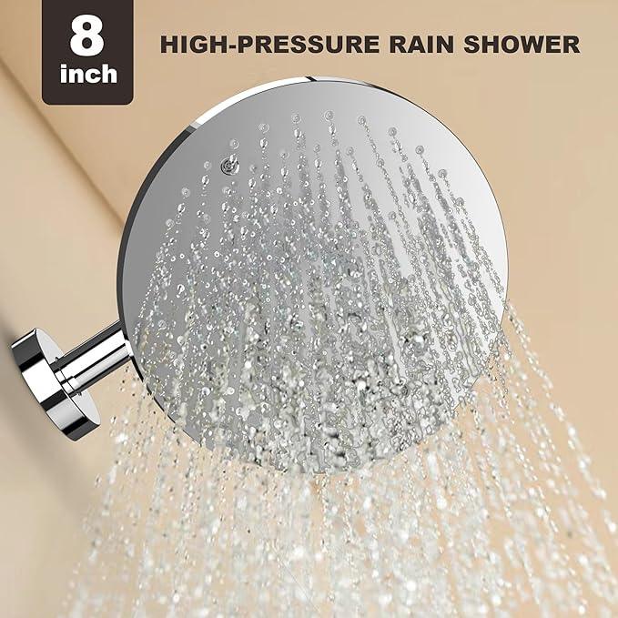 Lavatrum Premium Chrome Shower Head And Faucet Set Single Spray Wall Mount 8 Inch Rain Fall Round Shower Faucet with Rough-in Valve and Trim Kit for Bathroom - ModernBath
