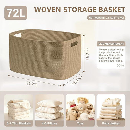 72L Large Wicker Laundry Basket for Living Room Storage,Boho Woven Cotton Rope Baskets for Kids Toy,Gifts,Square Blanket Hamper for Bedroom Dirty Clothes,Jute - ModernBath