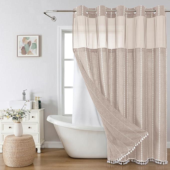 eachope No Hook Extra Long Shower Curtain Set with Snap-in Liner,Linen Textured Thick Striped Fabric with Tassels,Boho Chic Modern Farmhouse Bathroom Curtain,Water-Repellent,Tan/Taupe,71x86 - ModernBath