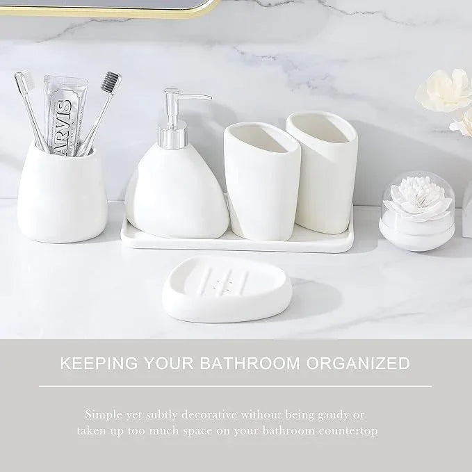 BLBYHO Ceramic Bathroom Accessory Set, 7 Pieces Countertop Accessories, Include Soap Dispenser, Toothbrush Holder, 2 Tumbler Cup, Soap Dish, Plastic Vanity Tray, Qtip Holder (White) - ModernBath