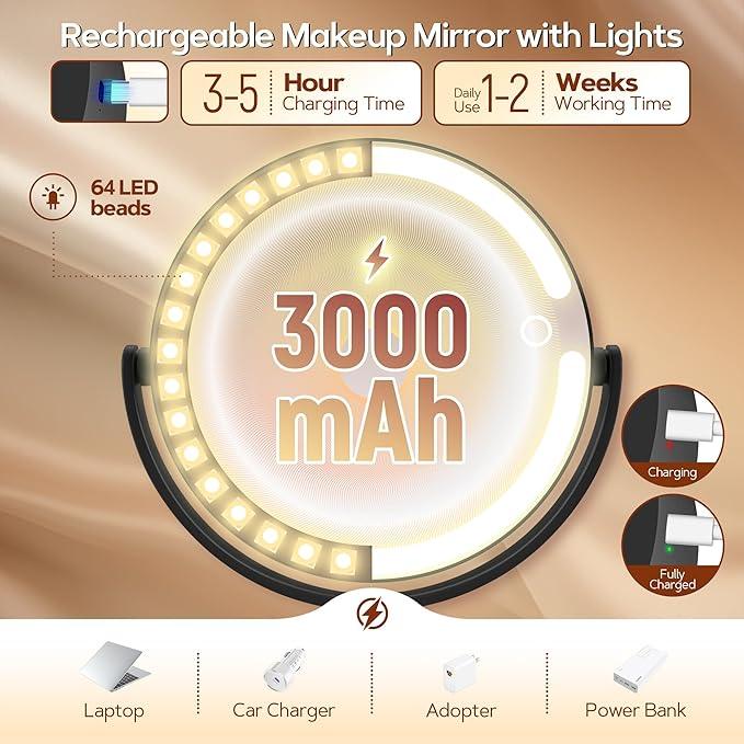 B Beauty Planet Makeup Mirror with Lights, Lighted Magnifying Mirror 30X with 3 Lighting and Adjustable Brightness, 2-Sided Height Adjustable Vanity Mirror for Bathroom, Gifts for Women Black - ModernBath