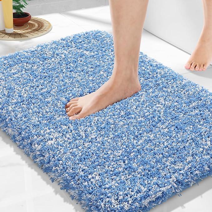 Yimobra Bathroom Rugs Non Slip Washable, Ultra Soft and Water Absorbent Bath Mats, Plush Fluffy Shower Mat Outside, Microfiber Thick Matts for Bathroom Floor/Sink, 24x17, Blue and White - ModernBath