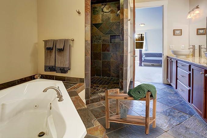 EcoDecors Eleganto 24 Inch Natural Color Waterproof Teak Wood Shower Bench Stool Seat Chair For Inside Shower Provides Safety, Storage, and Organization For Bathroom Accessories - ModernBath