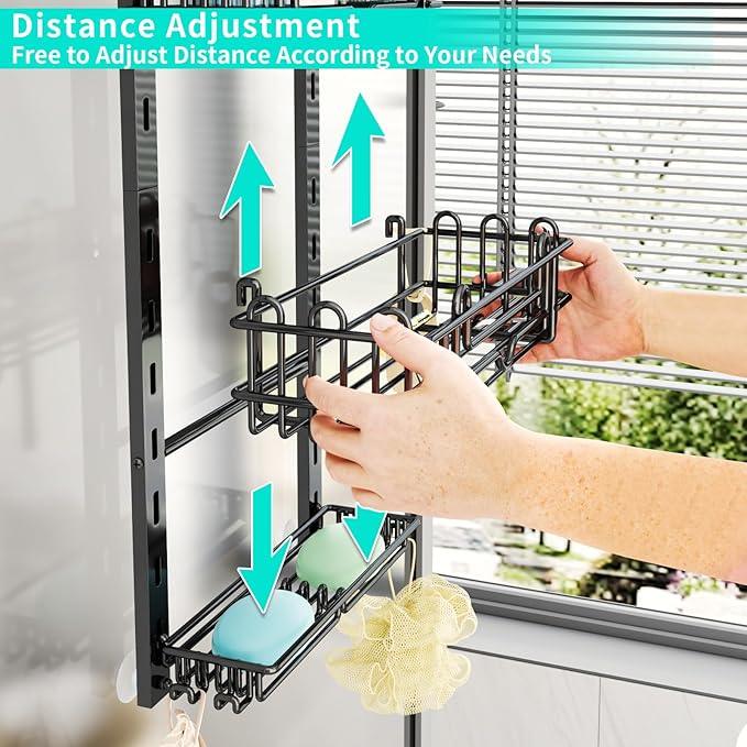 HapiRm 3 Tier Over the Door Shower Caddy, Hanging Shower Caddy with 16 Hooks and 2 Soap Holders, No Drilling Adjustable Hanging Bathroom Organizer - Black - ModernBath