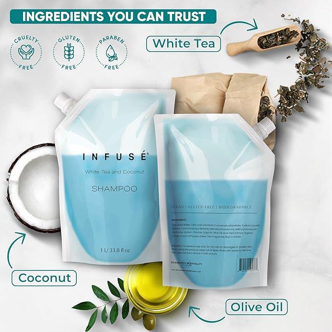 INFUSÉ 1 Liter Shampoo Refill Bag For Soap Dispensers | Bulk Toiletries for Vacation Rentals, and Home Bathroom Showers | White Tea and Coconut | Set of 12 - ModernBath