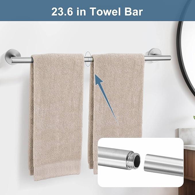Brushed Nickel Bathroom Hardware Accessories Set, 5 Pieces Round Towel Bar Set Toilet Paper Holder Towel Rail Set for Bathroom Stainless Steel Wall Mounted Bathroom Set,23.6 in - ModernBath