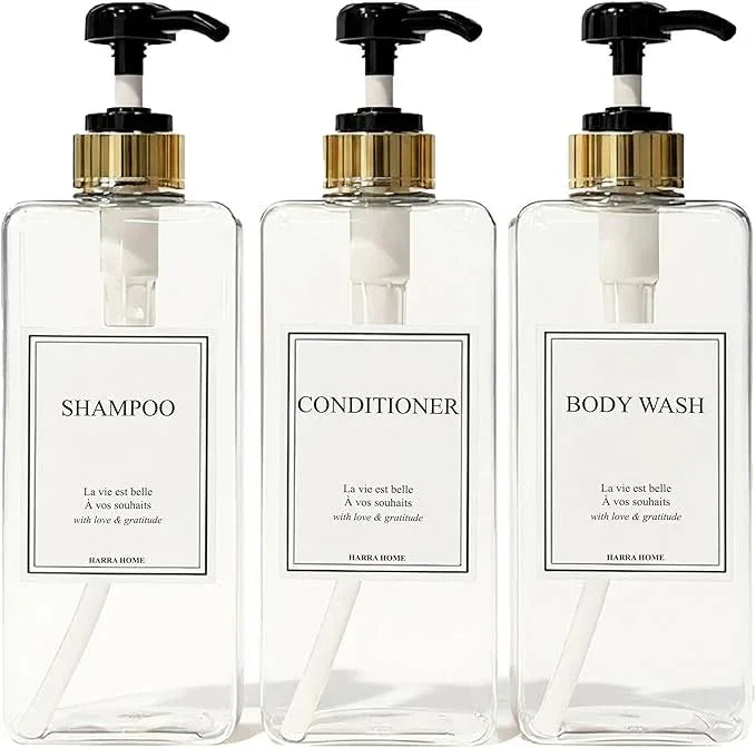 Modern Gold Design Shampoo and Conditioner Dispenser, Large 27oz Shower Soap Dispenser, Set of 3 Refillable Empty Plastic Pump Bottles for Bathroom (6 Waterproof Labels Included), (Clear & Black) - ModernBath
