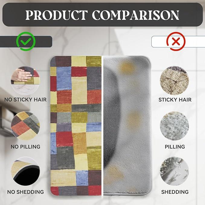 MontVoo -Bath Mat-Non Slip Thin Bathroom Rugs Fit Under Door- Quick Dry Absorbent Faux Suede Surface Grey Bathroom Floor Mats-Shower Rug for in Front of Bathtub Shower Retro Colors Plaid 17x59 - ModernBath