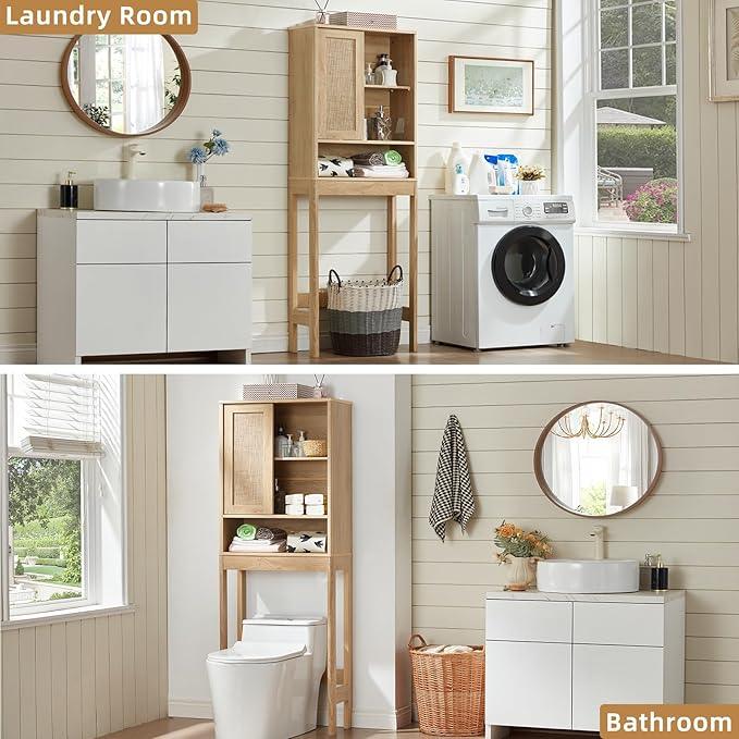 LEYAOYAO Over The Toilet Storage Cabinet with Rattan Sliding Door, 68" Tall Wood Above Toilet Bathroom Organizer w/Adjustable Shelf & Curved Profile, Space Saver Freestanding Washer Shelf, Natural - ModernBath