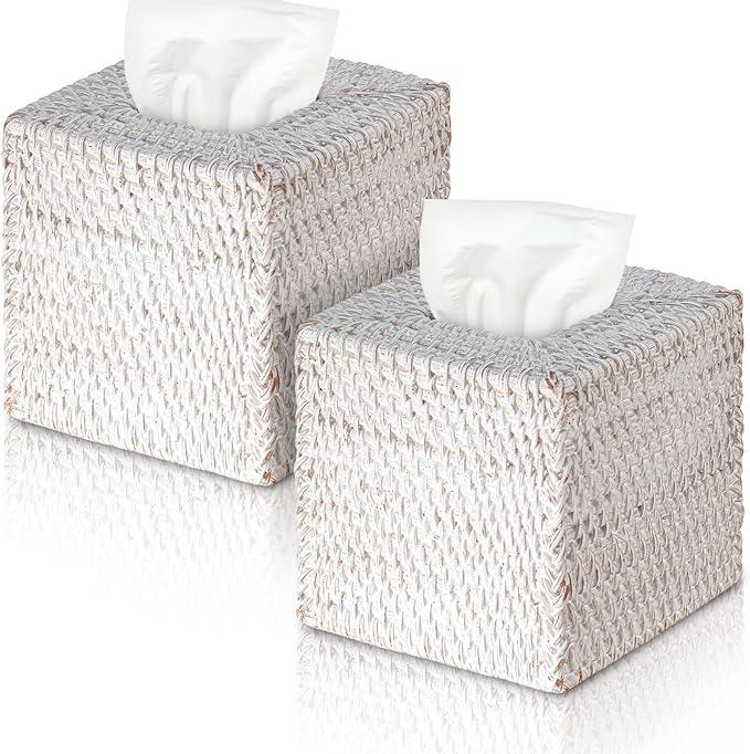 Kigley 2 Pcs Square Rattan Tissue Box Cover Boho Wicker Tissue Cube Box Cover 5.5'' x 5.5'' x 5.5'' Decorative Natural Wicker Hand Woven Napkin Box Holder Bathroom Office Car Accessories (White) - ModernBath