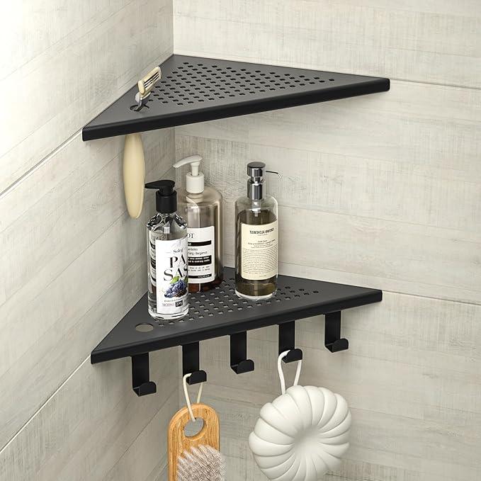 Grout in Shower Shelves with Hooks, 304 Stainless Steel Corner Bathroom Shelf for Tiled Wall (Matte Black, 10'' x 10'') - ModernBath
