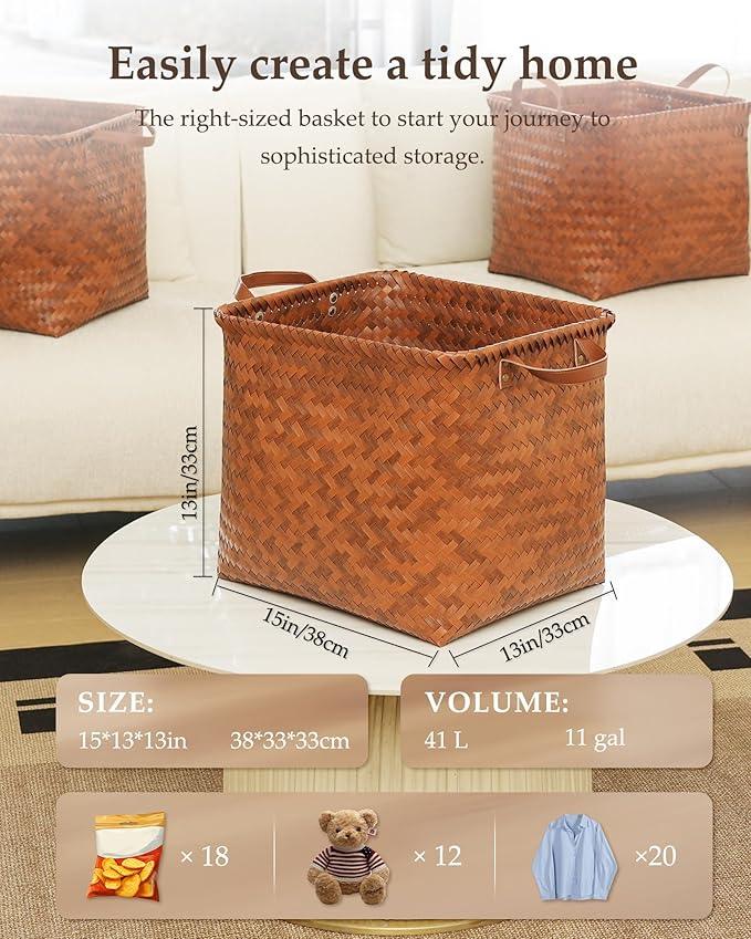 13x15x13 Woven Laundry Basket Hamper, Storage Basket for Clothes Blankets, 4-Pack Wicker Bin for Closet Shelves Bedroom Bathroom, Brown - ModernBath