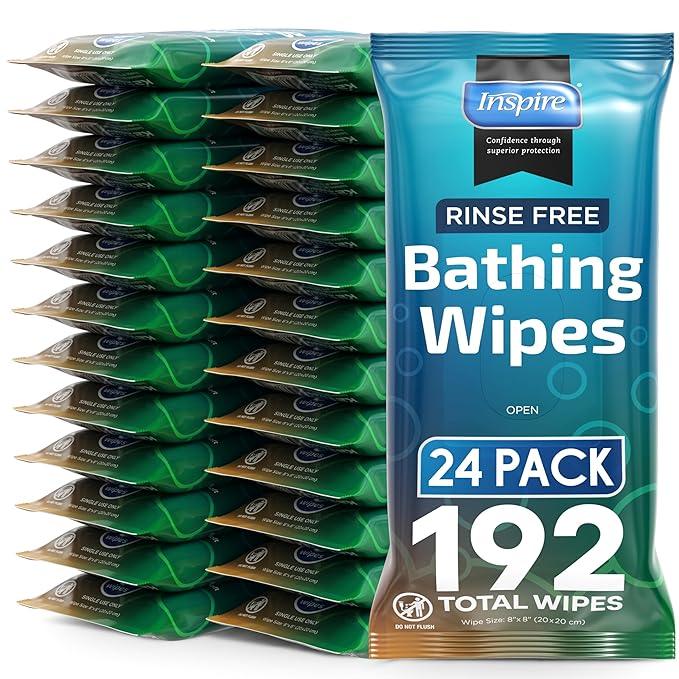 Body Wipes for adults bathing no rinse | Adult Wash Cloths Extra Large, Bathing Wipes for Incontinence, 8"x 8" In (192 count Bulk Pack) | By Inspire - ModernBath