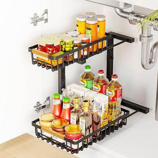 Under Sink Organizers, 2 Tier Pull Out Under Cabinet Organizer，Height Adjustable Pull Out Cabinet Drawers, Metal Sliding Drawer for Kitchen Bathroom Pantry Cabinet Closet Organization Rack，1 Pack - ModernBath