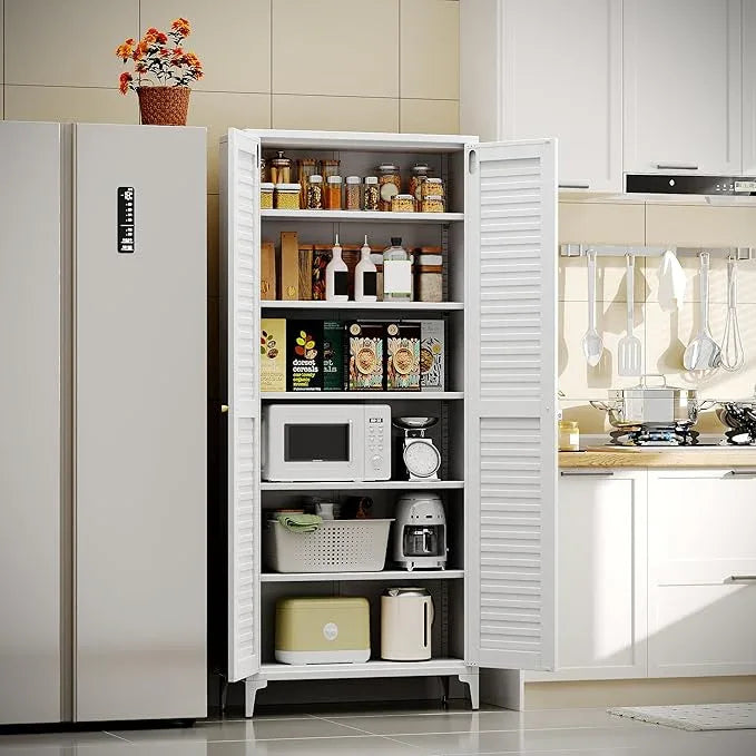 74" H Kitchen Pantry Storage Cabinet, Metal Storage Cabinets with 5 Adjustable Shelves for Kitchen Bathroom Living Room, Required Assembly, White - ModernBath