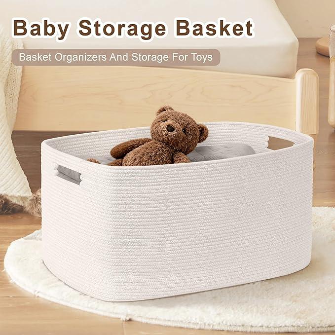 86L Large Baby Girls Laundry Basket for Nursery Storage,Cute Woven cotton Rope Baskets for Kids Toy，Gifts, Boho Square Wicker Blanket hamper for Living Room,Bedroom Dirty Clothes, White - ModernBath