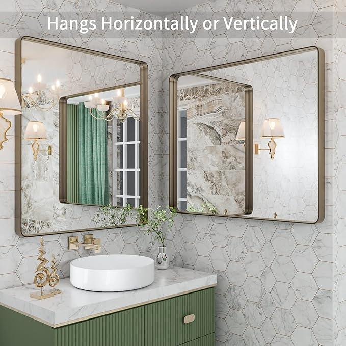 LOAAO 30”X36” Bronze Bathroom Mirrors for Vanity, Rounded Rectangle Brushed Bronze Metal Frame Mirror, Anti-Rust, Tempered Glass, Hangs Horizontally or Vertically - ModernBath