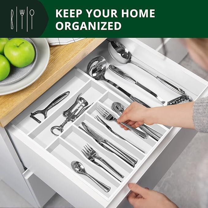 ROYAL CRAFT WOOD Luxury Bamboo Kitchen Drawer Organizer - Silverware Organizer - Utensil Holder and Cutlery Tray with Grooved Drawer Dividers for Flatware and Kitchen Utensils (7 Slot, White) - ModernBath