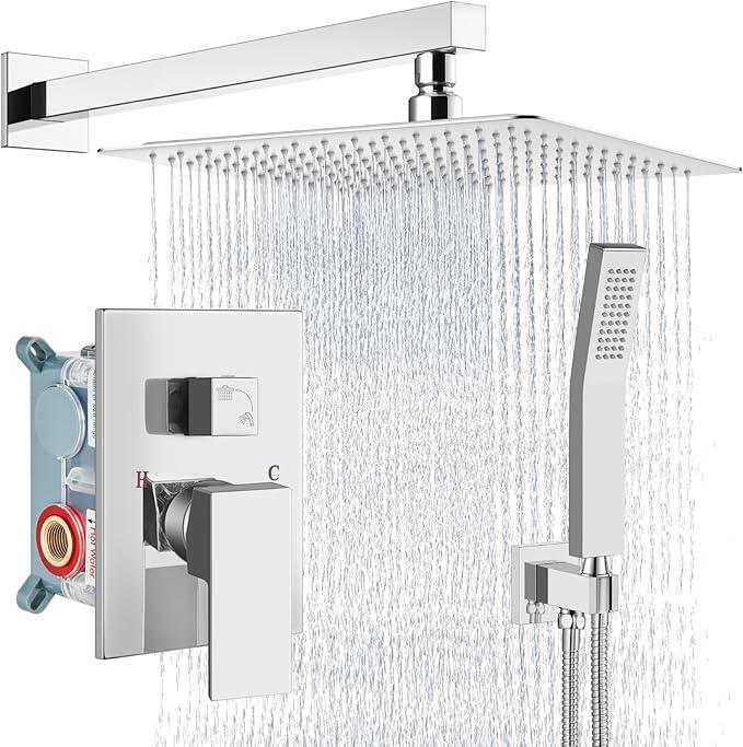 Aolemi Shower Faucet Set Rain Shower System with Handheld Spray Bathroom Shower Combo Rough-in Valve and Shower Trim Kit Included Polish Chrome 16 Inch Wall Mount Shower Head - ModernBath