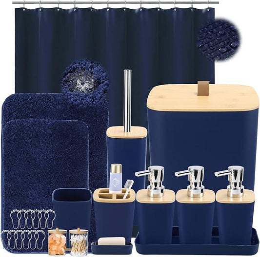 XLHOMO Blue Bathroom Sets with Shower Curtain and Rugs - ModernBath