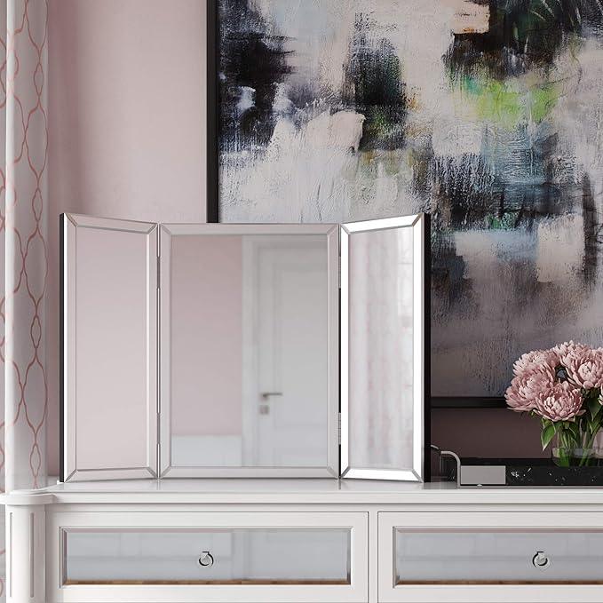 Howard Elliott Tripoli Trifold Vanity Mirror 3 Way TableTop Bedrooms, Bathroom, Makeup Portable Cosmetic & Makeup Mirror with Beveled Edges Tri-fold Mirror, 31 Inch x 21 Inch - ModernBath