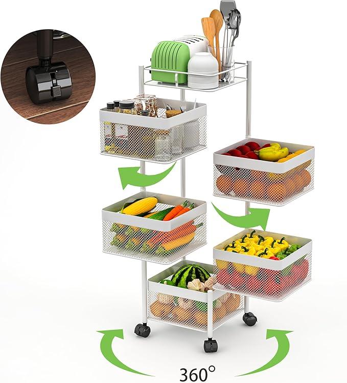 Fruit Basket for Kitchen No Assembly,Rotating Kitchen Storage Rack,Bathroom Shelf, Organizers and Storage Cart on Rolling Wheels，Potato and Onion Storage Organizer(White, 5 Tier-Square) - ModernBath