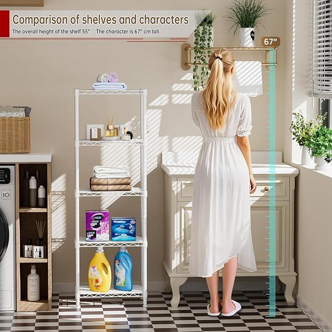 Small 5 tire Shelves Storage Wire Shelving Unit Metal Shelf Adjustable Organizers Storage Shelving for Bathroom Laundry Room Kitchen Pantry10”D x 16”W x 55”H White - ModernBath