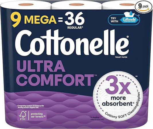 Cottonelle Ultra Comfort Toilet Paper, 9 Mega Rolls = 36 Regular Rolls, Packaging May Vary - ModernBath