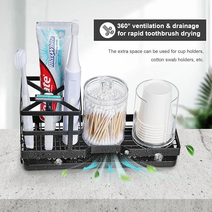 MYITYARD Toothbrush Holders for Bathrooms, Cotton Swabs & Cups Dispenser Set - Metal Electric Tooth Brushing & Toothpaste Countertop Organizer with Drainage for Shower, Sink - Black - ModernBath