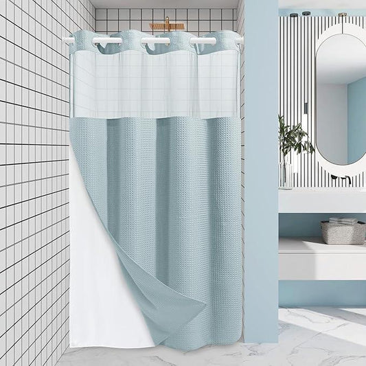 EUTXL Fog Blue Stall No Hook Shower Curtain with Snap in Liner,230GSM Waffle Weave Shower Curtains for Bathroom,54W x 80H - ModernBath